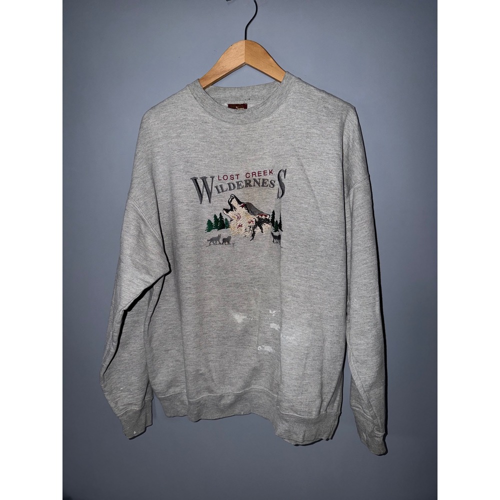 Lost Creek Outfitters Wilderness Wolf Trees Embroidered Crewneck Sweatshirt Gray